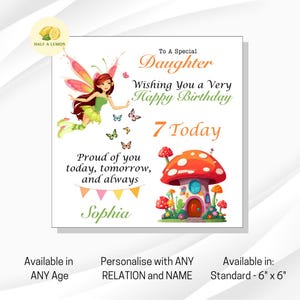 Carte d'anniversaire, pour elle, à personnaliser, TOUT lien, TOUT âge, fille, arrière-petite-fille, petite-fille, nièce, fée, cadeau, 3 à 12 ans