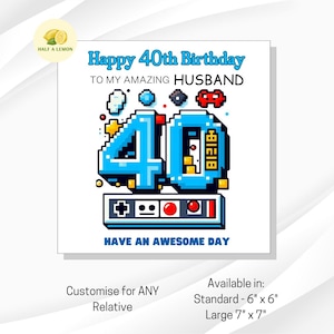 Carte d'anniversaire pour mari 40e anniversaire – Thème gaming rétro | Carte de style pixel pour lui | 40e anniversaire pour mari gamer |  Cadeau 40e anniversaire