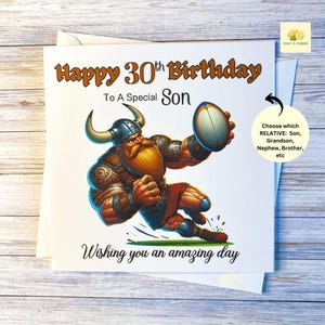 Carte du 30e anniversaire, pour fils, frère, neveu, petit-fils, petit ami, cadeau du 30e anniversaire, Viking jouant au rugby, carte pour le 30e, carte pour lui,