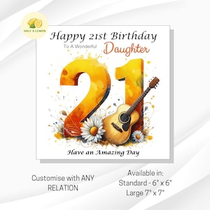 Carte de 21 ans, carte d'anniversaire de fille, carte d'anniversaire de petite-fille, carte d'anniversaire de soeur, nièce, musique, guitare acoustique, bohème, cadeau