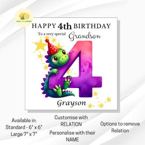 Carte personnalisée de 4e anniversaire pour garçon, pour TOUTE relation, arrière-petit-fils, petit-fils, fils, arrière-neveu, neveu, filleul, lui, cadeau, dinosaure