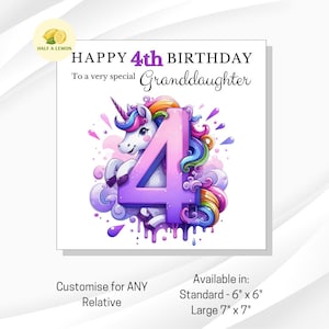 4th Birthday card, Unicorn, ANY Relation, Great Granddaughter, Granddaughter, Daughter, Great Niece, gift, her, little girl, fourth, age 4,