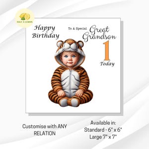 Carte de premier anniversaire arrière-petit-fils, carte de 1er anniversaire petit-fils, arrière-petit-fils, fils, neveu, anniversaire de tigre, cheveux blonds, yeux bleus, cadeau,
