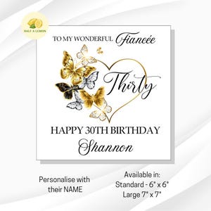 Carte 30e anniversaire fiancée, carte 30e anniversaire, 30e anniversaire, personnalisée, fiancée, cadeau 30e anniversaire, trente, papillons et coeur or