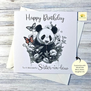 Carte d'anniversaire pour belle-soeur, elle, fille, nièce, soeur, petite-fille, maman, maman, grand-mère, grand-mère, panda et papillon illustrés, cadeau