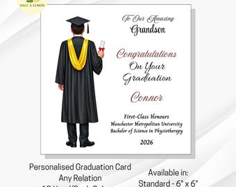 Graduation Card for Him: Personalised Male Graduate with Yellow Hood/Sash - For Any Relation