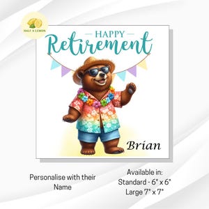 Carte de retraite, carte de bonne retraite, à personnaliser, ours des fêtes, chapeau de paille et lunettes de soleil, cadeau pour la retraite, lui,