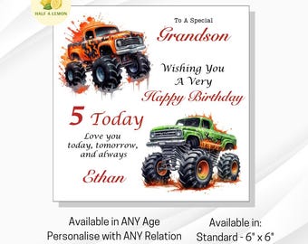 May include: A birthday card featuring watercolor illustrations of two monster trucks, one orange and one green, with the text "To A Special Grandson, Wishing You A Very Happy Birthday". The card is 6" x 6" and can be personalized.