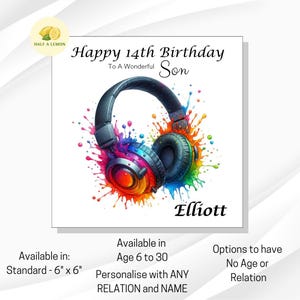 Carte d'anniversaire, personnalisée pour fils, arrière-petit-fils, petit-fils, arrière-neveu, neveu, frère, cadeau, TOUT âge et toute relation, Casque audio, lui