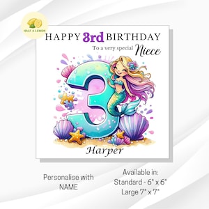 3rd Birthday Card, Personalised Birthday Card, 3rd Birthday Gift Girl, Niece Birthday Card, Daughter Birthday Card, Granddaughter, Mermaid,