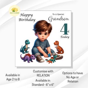 Carte d'anniversaire, pour petit-fils, arrière-petit-fils, fils, neveu, à personnaliser avec l'âge, petit garçon jouant avec des dinosaures, 3 ans, 4 ans, 5 ans, cadeau