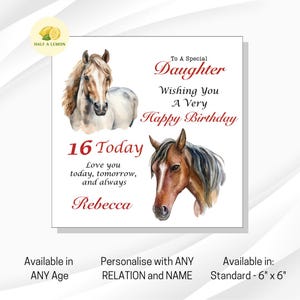 Carte d'anniversaire, pour elle, toute relation, tout âge, à personnaliser, anniversaire de fille, petite-fille, soeur, nièce, cadeau, chevaux, 16e, 18e, 30e
