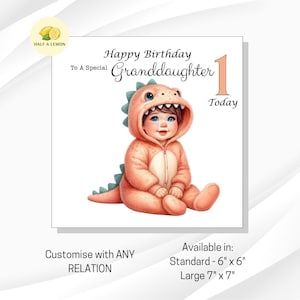 Carte de premier anniversaire pour arrière-petite-fille, carte de 1er anniversaire, mignon dinosaure, petite-fille, fille, nièce, cheveux bruns, yeux bleus, cadeau