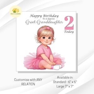2nd Birthday card, for girl, For ANY Relation, Great Granddaughter, Granddaughter, Daughter, Great Niece, Sister, gift, her, 2 today,