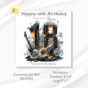 18e carte d'anniversaire pour fils, également pour arrière-petit-fils, petit-fils, neveu, frère, carte d'anniversaire sur le thème de la musique heavy metal / rock, cadeau du 18e anniversaire