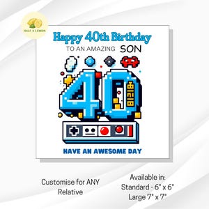 Carte pour les 40 ans de son fils – Design rétro pixelisé pour les jeux | Carte de style jeu vidéo unique | 40e anniversaire pour lui |  Cadeau 40e anniversaire