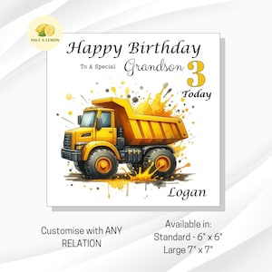 Carte personnalisée du 3e anniversaire pour garçon, pour TOUTE relation, arrière-petit-fils, petit-fils, fils, arrière-neveu, neveu, filleul, lui, cadeau, camion,