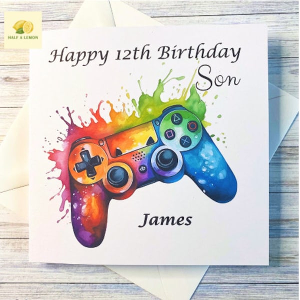 Son Personalised Birthday Card featuring a Video Games Controller in bright vivid design, Add ANY AGE and name, gift, Son Birthday card,