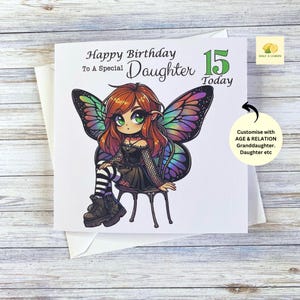 Carte d'anniversaire pour fille, petite-fille, soeur, nièce, fée, âge personnalisé, 11, 12, 13, 14, 15, 16, 17, 18, cadeau,