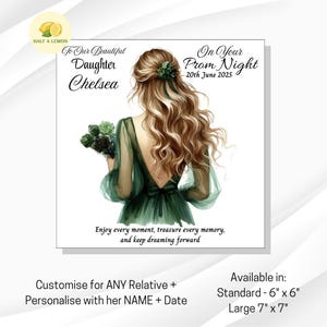 Carte de bal pour petite-fille, carte de bal de fille personnalisée pour nièce, robe vert émeraude, couleur de cheveux au choix, cadeau de bal de promo, soirée de bal