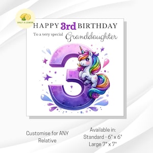 3rd Birthday card, Unicorn, ANY Relation, Great Granddaughter, Granddaughter, Daughter, Great Niece, gift, her, little girl, third, age 3,