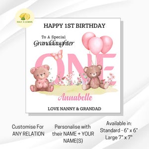 Carte de premier anniversaire pour petite-fille, carte 1er anniversaire fille, carte 1er anniversaire personnalisée, cadeau 1er anniversaire, arrière-petite-fille, nièce