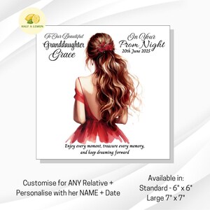 Carte de bal personnalisée petite-fille, Carte de bal pour fille, Carte de bal pour nièce, Robe de bal rouge, Couleur de cheveux au choix, Cadeau pour bal de promo, Soirée de bal
