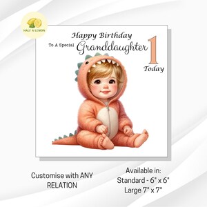 Carte de premier anniversaire pour arrière-petite-fille, carte de 1er anniversaire, mignon dinosaure, petite-fille, fille, nièce, cheveux blonds, yeux marrons, cadeau
