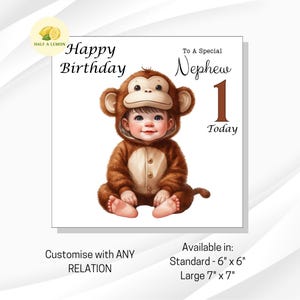 Carte de premier anniversaire, pour neveu, arrière-petit-fils, petit-fils, fils, arrière-neveu, frère, petit garçon, lui, cadeau, petit singe, 1er anniversaire