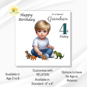 Carte d'anniversaire, pour petit-fils, fils, neveu, arrière-petit-fils, à personnaliser avec l'âge, petit garçon jouant avec des dinosaures, 3 ans, 4 ans, 5 ans, cadeau