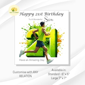 Carte de 21e anniversaire, TOUT parent, fils, arrière-petit-fils, petit-fils, neveu, frère, cadeau, course, coureur, carte d'anniversaire, lui, cheveux bruns,
