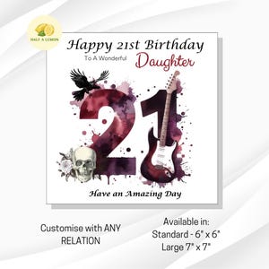 Carte d'anniversaire 21 ans, carte d'anniversaire fille, carte d'anniversaire petite-fille, carte d'anniversaire soeur, nièce, musique rock, alternative, métal, cadeau