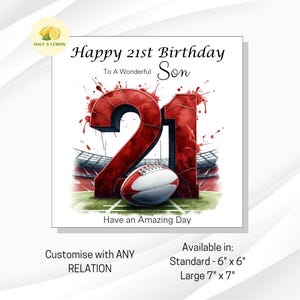 Carte d'anniversaire 21 ans, TOUS les parents, fils, arrière-petit-fils, petit-fils, neveu, frère, cadeau, carte d'anniversaire de l'équipe rouge de rugby, lui,