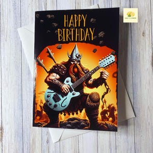 Carte d'anniversaire, musique rock, musique heavy metal, Viking jouant de la guitare, carte d'anniversaire avec guitare, carte pour lui, frère, ami, père, fils,