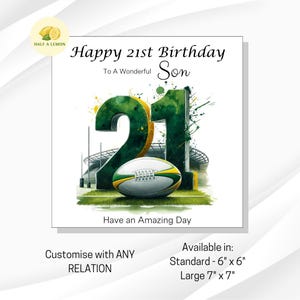 Carte d'anniversaire 21 ans, TOUT parent, fils, arrière-petit-fils, petit-fils, neveu, frère, cadeau, carte d'anniversaire verte et jaune de l'équipe de rugby, lui,