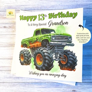 Carte d'anniversaire pour petit-fils, carte d'anniversaire de petit-fils, fils, frère, neveu, TOUT ÂGE, 11, 12, 13, 14, 15, 16, cadeau, camion vert,