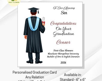 Personalised Graduation Card: Male Graduate, Blue Sash, Any Relation
