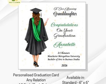 Graduation Card for Her: Personalised Female Graduate with Green Sash - For Any Relation
