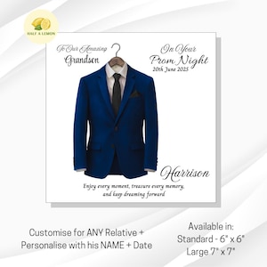 Carte de bal personnalisée pour petit-fils, Carte de bal de promo fils, Carte de bal de promo pour neveu, Costume bleu du Parlement, cravate noire, petit ami, cadeau de bal de promo, Soirée de bal de promo,