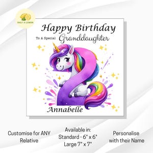 Carte de 2e anniversaire, personnalisée, licorne, toute relation, arrière-petite-fille, petite-fille, fille, arrière-nièce, cadeau, elle, fille, 2,