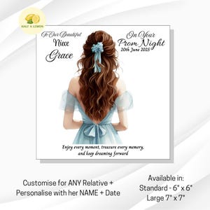 Carte de bal pour nièce, carte de bal de petite-fille personnalisée pour fille, robe de bal bleu pâle, couleur de cheveux au choix, cadeau de bal de promo, soirée de bal de promo,