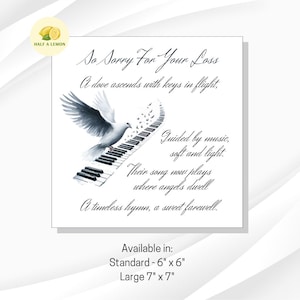 Carte de deuil, désolé pour votre perte, carte de sympathie, carte du souvenir, colombe blanche, piano, clavier, musique, cadeau