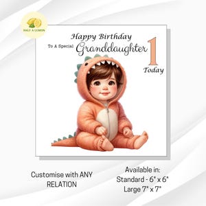 Carte de premier anniversaire pour arrière-petite-fille, carte de 1er anniversaire, mignon dinosaure, petite-fille, fille, nièce, cheveux bruns, yeux bruns, cadeau