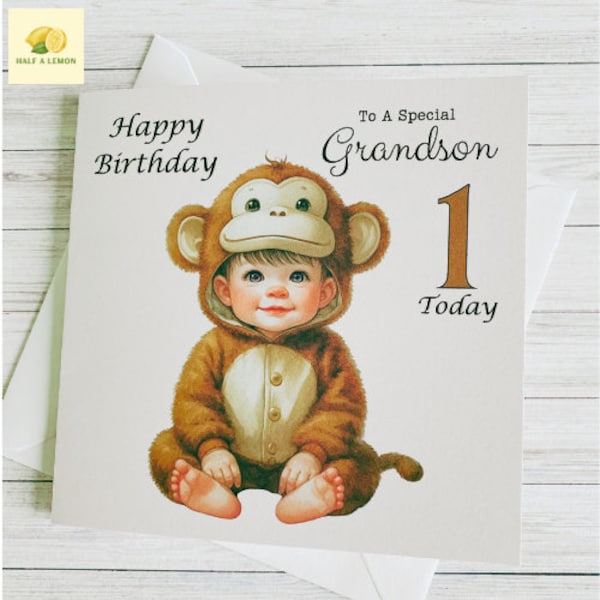 First Birthday card for Grandson, 1st birthday card for Grandson, Cheeky Little Monkey birthday card, Grandson Birthday card, gift,