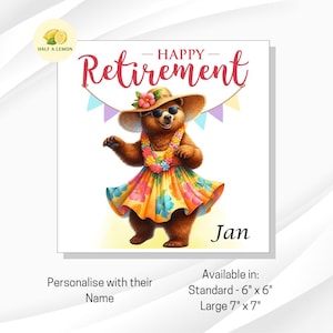 Carte de retraite, carte de retraite heureuse, à personnaliser, ours heureux vêtu d'une robe d'été, chapeau de paille et lunettes de soleil, cadeau pour la retraite, elle,