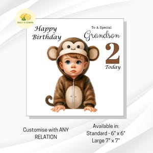 Carte de 2e anniversaire, pour petit-fils, arrière-petit-fils, arrière-neveu, neveu, pour TOUTE relation, pour lui, cadeau, 2 ans, deux pour lui, garçon, singe,