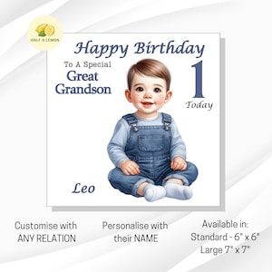 Carte de 1er anniversaire, carte de premier anniversaire, 1er anniversaire de garçon, carte de 1er anniversaire d'arrière-petit-fils, personnalisée, TOUTES les relations, cadeau de 1er anniversaire,