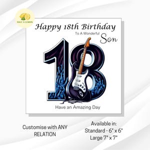 18e carte d'anniversaire pour fils, également pour arrière-petit-fils, petit-fils, arrière-neveu, neveu, frère, carte d'anniversaire sur le thème de la musique rock, cadeau pour 18e anniversaire