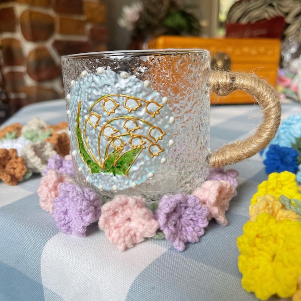 Fleur thé tasse dessous de verre crochet tasse à café dessous de verre muguet dessous de verre ensemble cadeau de pendaison de crémaillère pour maman mignon boisson dessous de verre