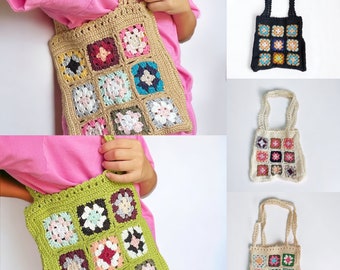 Granny Square Crochet Tote Bag Cute Knitted Market Bag Vintage Floral Beach Bag For Birthday Gift For Mom